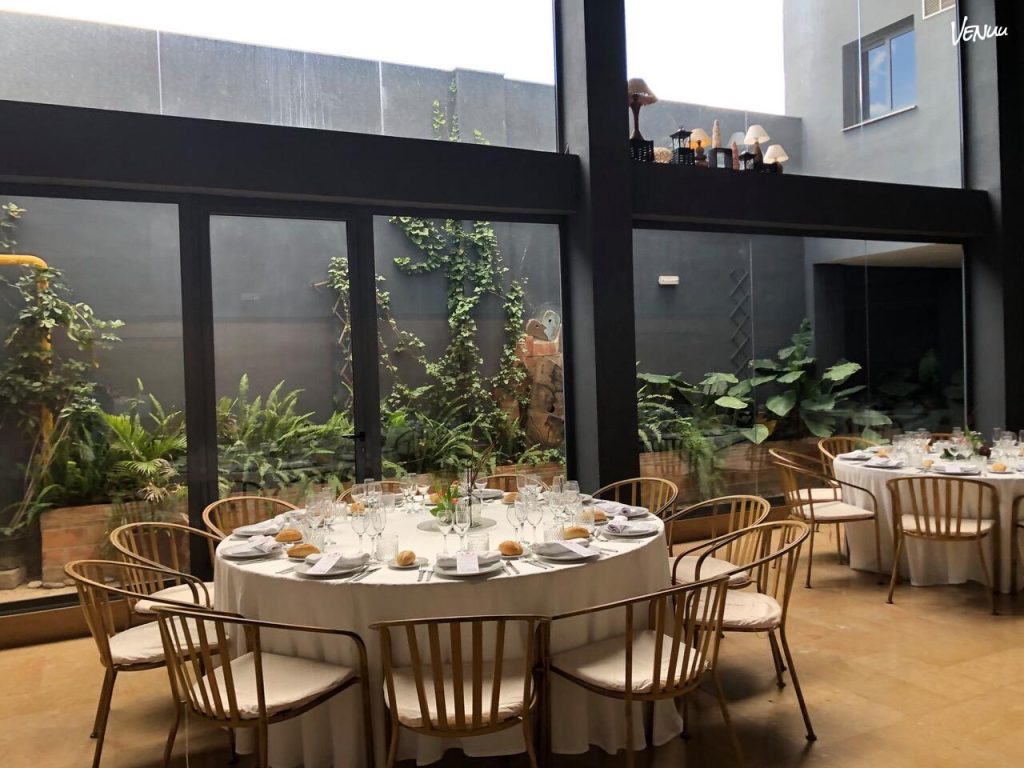 Salón Principal en Celebrity Lledó, espacio elegante con luz natural y patio ajardinado.
